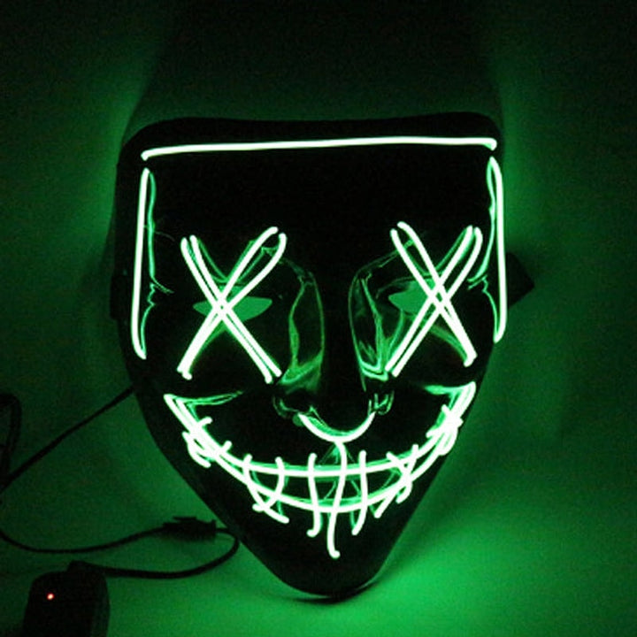 Fluorescent green LED Halloween mask with a glowing stitched grin, X eyes and stitched nose