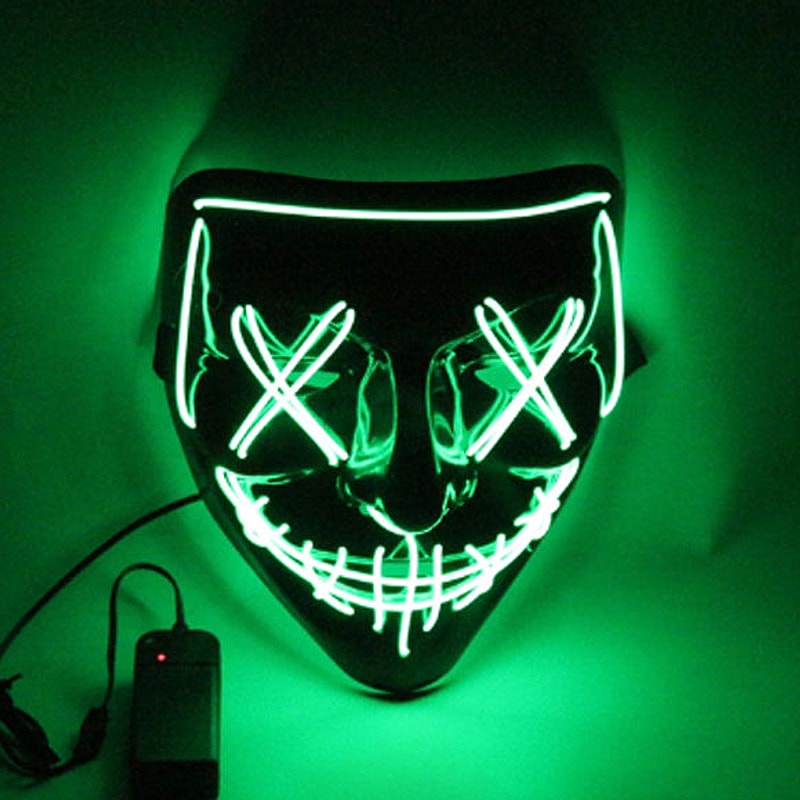 Green LED Halloween mask with a glowing stitched grin, X eyes and stitched nose