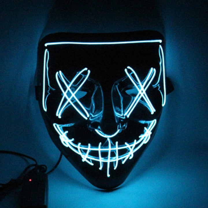 Ice blue LED Halloween mask with a glowing stitched grin, X eyes and stitched nose