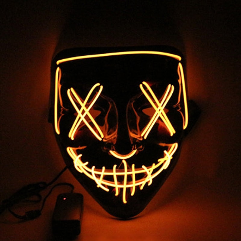 Orange LED Halloween mask with a glowing stitched grin, X eyes and stitched nose
