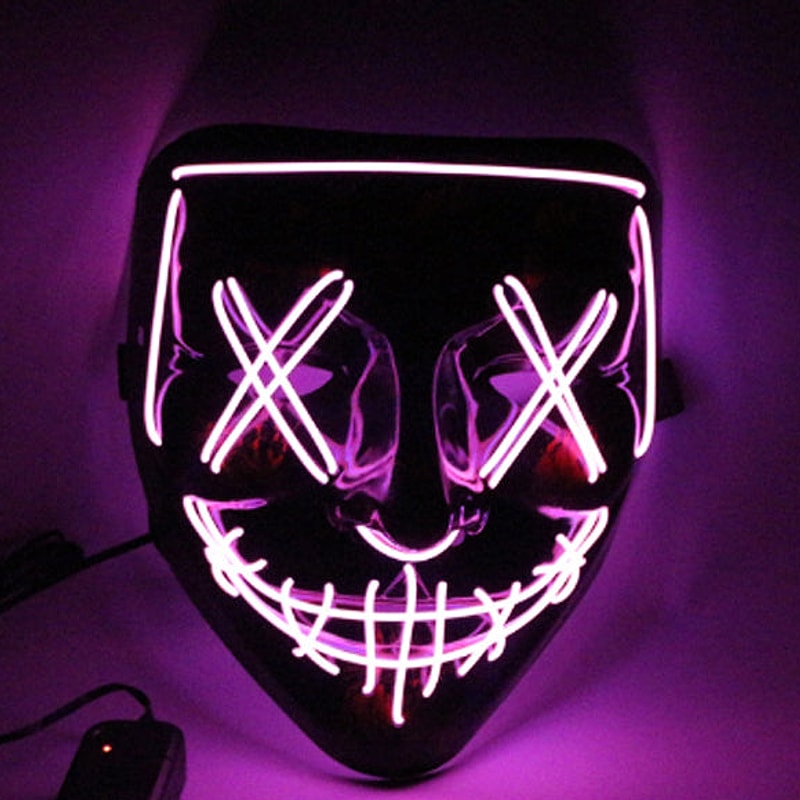 Pink LED Halloween mask with a glowing stitched grin, X eyes and stitched nose