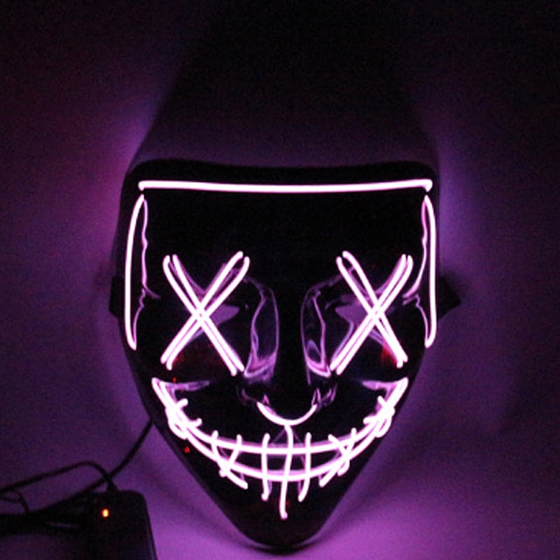 Purple LED Halloween mask with a glowing stitched grin, X eyes and stitched nose