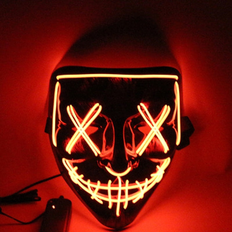 Red orange LED Halloween mask with a glowing stitched grin, X eyes and stitched nose