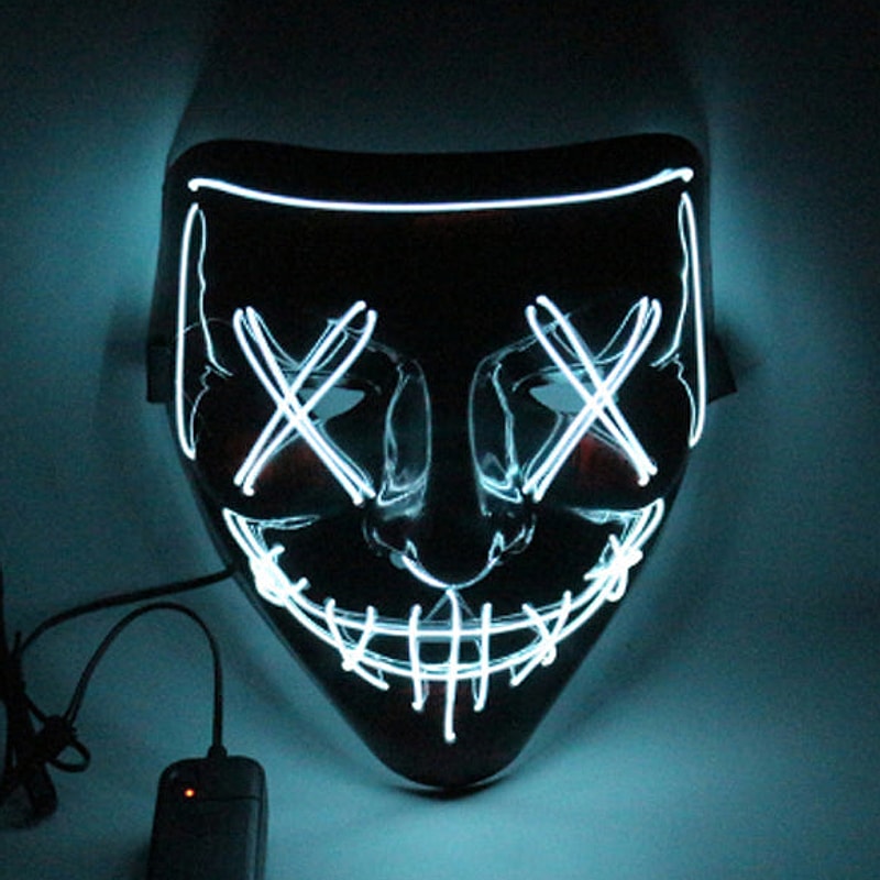 Cool white LED Halloween mask with a glowing stitched grin, X eyes and stitched nose