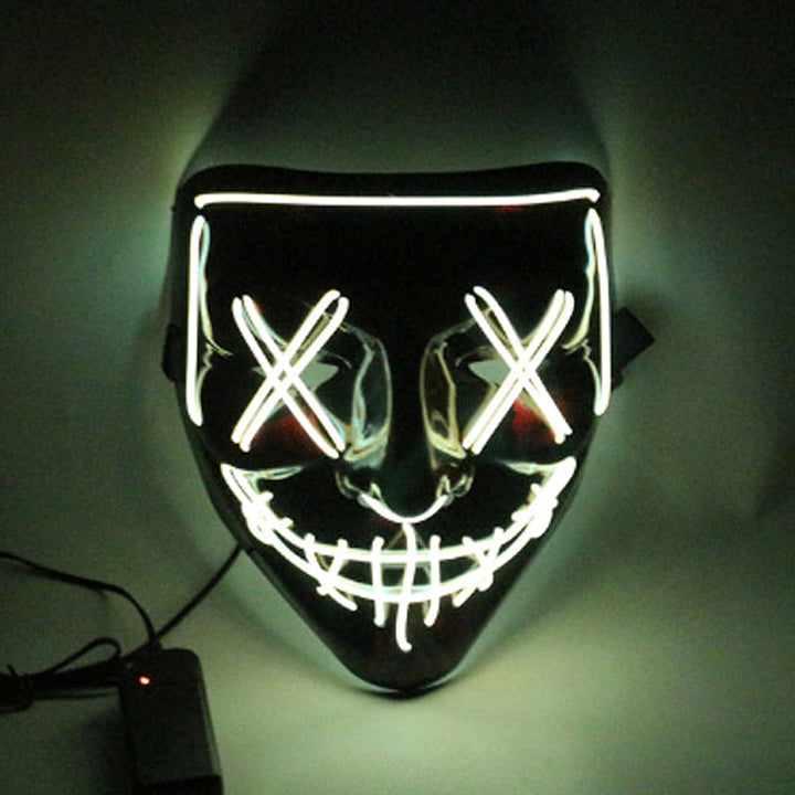 Warm white LED Halloween mask with a glowing stitched grin, X eyes and stitched nose